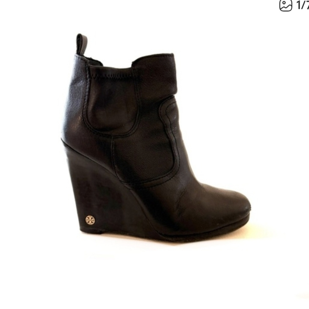 Tory Burch Chelsea Leather Black Wedge Ankle Boots